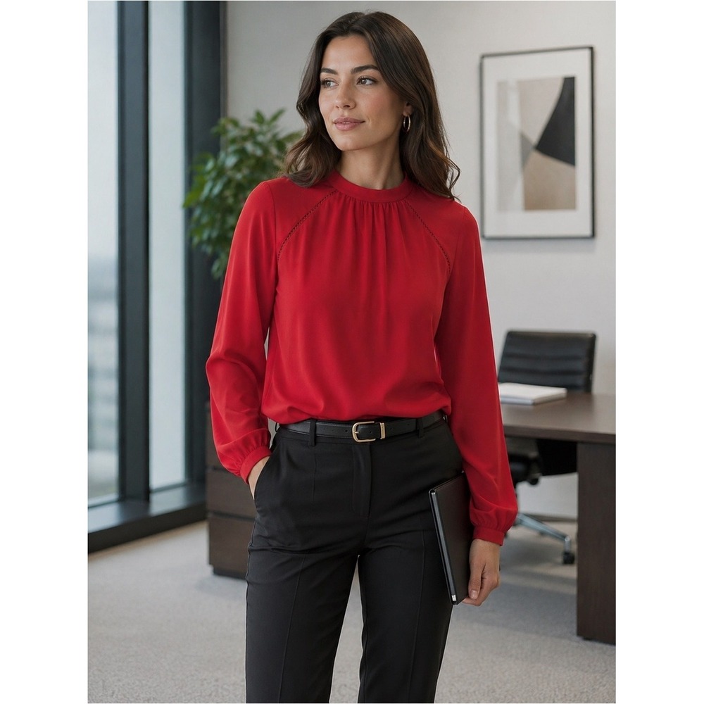 Express Red Long Sleeve Blouse Elegant Office Work Career Top Size L